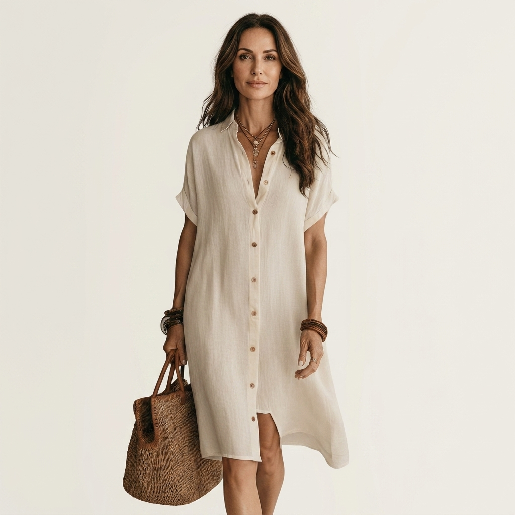 Florencia | Vestido Camisero Midi en Algodón y Lino con Puños Remangados
